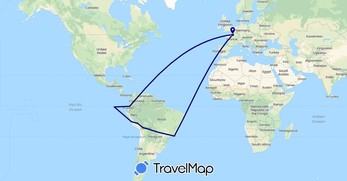 TravelMap itinerary: driving in Bolivia, Brazil, Ecuador, France, Peru (Europe, South America)